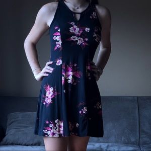 Black cotton floral skater dress